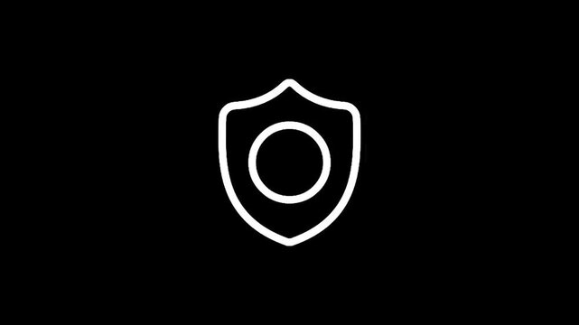 White shield icon with a circle inside on a black background, representing security and protection
