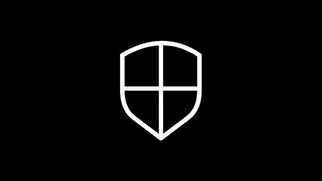 Minimalist white shield icon with a cross dividing it into four sections on black background