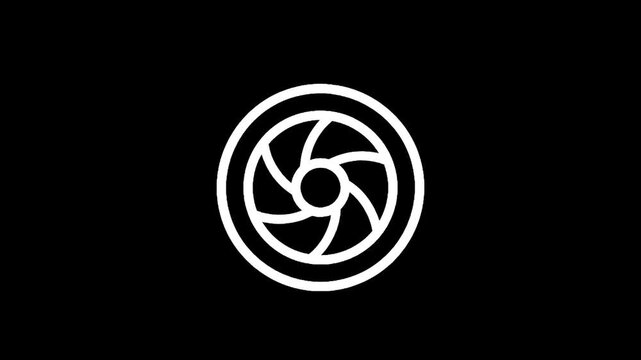 Minimalist white camera aperture icon on a solid black background for digital design