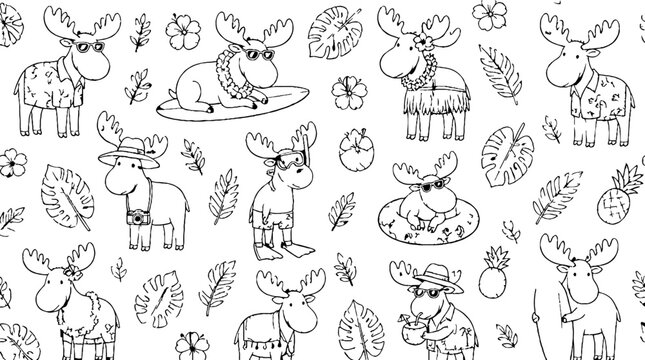 Whimsical Moose and Tropical Leaves Pattern Design.