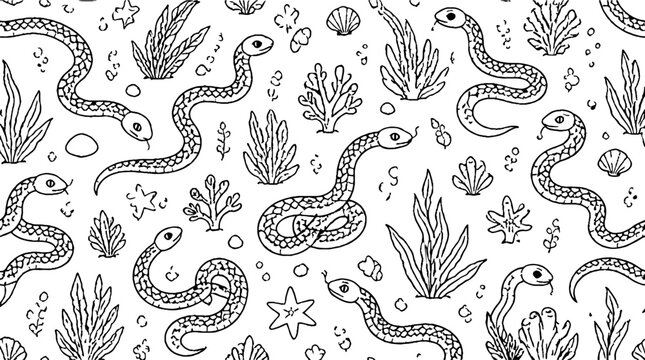Intricate black and white snake and plant pattern design.