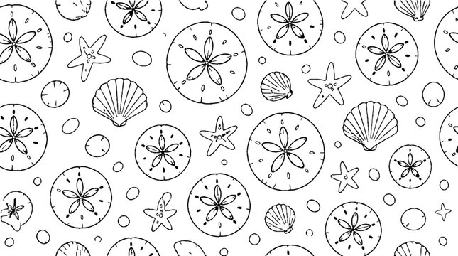 Detailed black and white seashell and starfish pattern design.