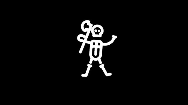 Simple white skeleton icon with an axe on a black background, representing danger or Halloween