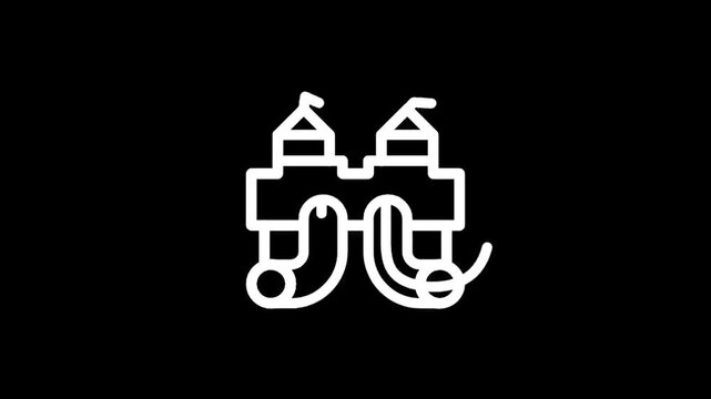 Stylized white outline of a castle with two towers and a drawbridge on a black background