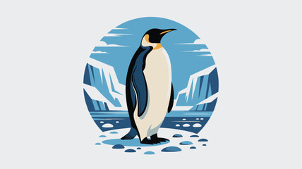Obraz premium Emperor penguin stands majestically in a cold arctic landscape with icebergs and snowy mountains inside a circular blue frame.