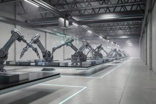 Industrial automated robotic arms on a factory assembly line with glowing floor markings, overhead lights, and digital throughput data