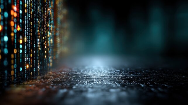 Shimmering Digital Background with Streams of Binary Code and Reflections on Wet Surface in a Mysterious Dark Setting