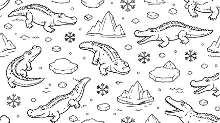 Fototapeta premium Repeating pattern of crocodiles and mountains in black and white.