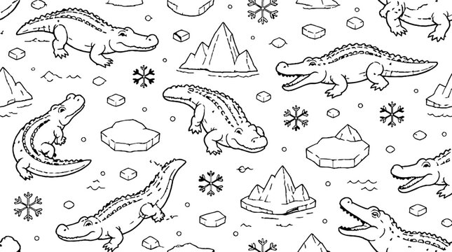 Repeating pattern of crocodiles and mountains in black and white.