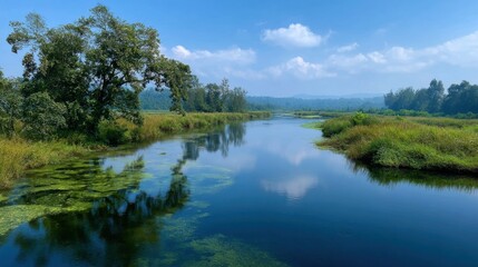 Obraz premium Serene Landscape of Tranquil River Surrounded by Lush Greenery and Blue Sky with Reflections in Calm Waters Under Bright Sunshine