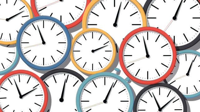 Complex pattern of overlapping analog clocks with various colored frames shows different times for a concept of time management.
