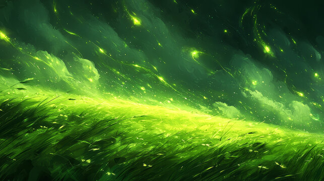Lush green field with tall grass illuminated by glowing lightning bugs under dramatic night sky, creating magical and serene atmosphere