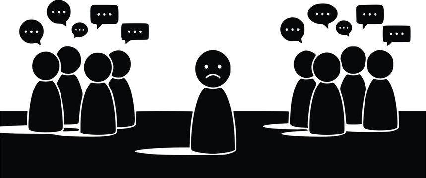 Vector illustration of a lonely person surrounded by chatting groups feeling excluded and isolated with speech bubbles