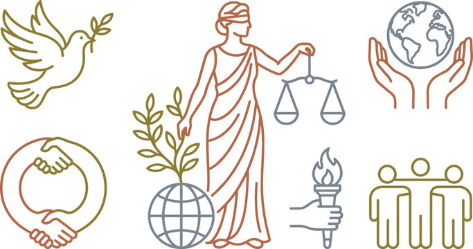 Human rights and global justice vector icon set featuring Lady Justice, peace dove, hands shaking, and equality symbols for legal websites and community organization designs