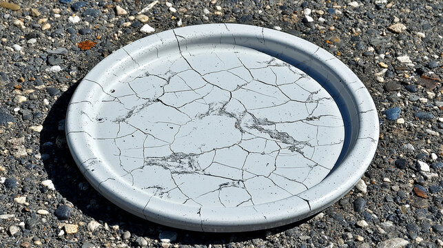 Cracked ceramic platter round aged white gray textured overhead view outdoor stone surface rustic weathered vintage artistic unique pattern natural light empty decorative minimalist distressed