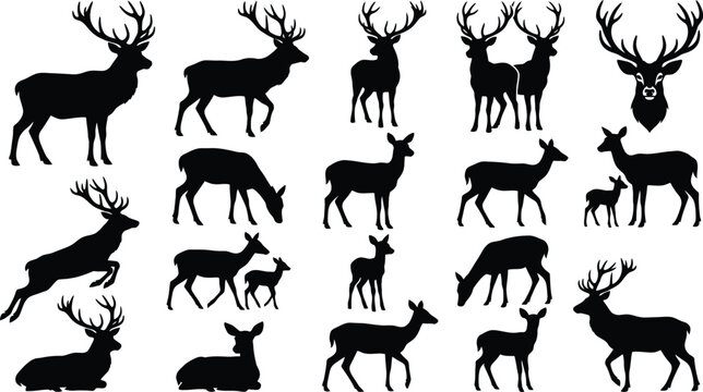 Deer silhouettes, black deer icons, deer graphics, wildlife illustrations, 20 deer shapes
