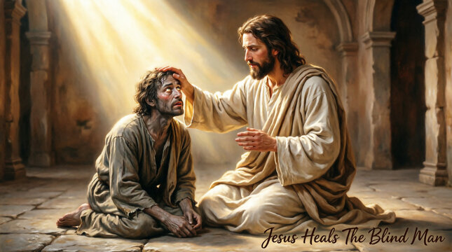 Christ heals blind man with merciful touch restoring sight and turning darkness into divine light.