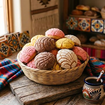 a basket overflowing with freshly baked Conchas, the traditional Mexican pan dulce, with their intricate, shell-like sugar tops in various colors. The basket is set on a rustic wooden	
