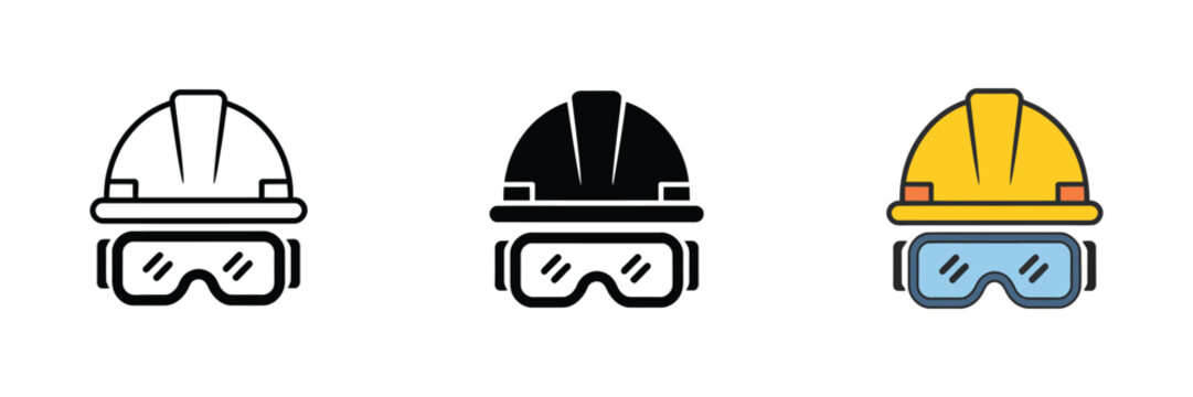 Hard hat icon, construction helmet with safety goggles, engineer protection equipment symbol for workplace safety and industry design.