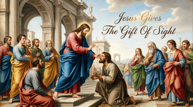 Christ heals blind man with merciful touch restoring sight and turning darkness into divine light.