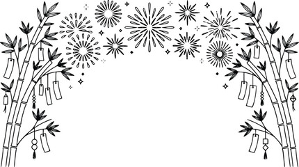 Black and white vector illustration of fireworks and bamboo with wind chimes for festive Asian-inspired design or greeting card with empty space for text © Ajoy
