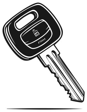 Monochrome vector illustration of an isolated car ignition key with a lock button.
