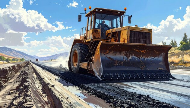 Heavy Duty Bulldozer Working on Road Construction Site.