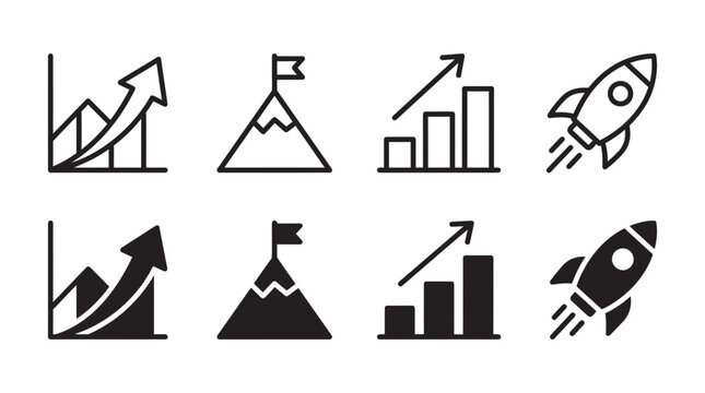 Set of business growth and startup success icons including bar charts, mountain peak, and launching rocket symbols