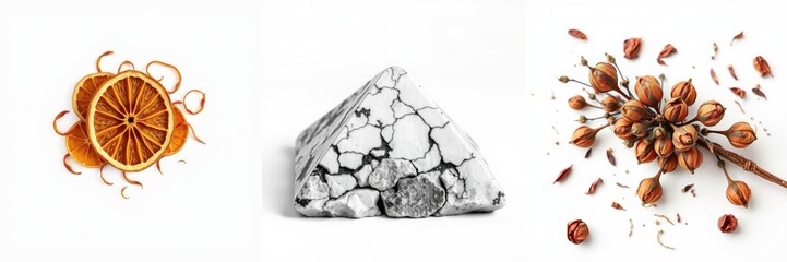 Obraz premium Dried citrus slices, pyramid stone, seed pods displayed. Minimalist composition, neutral background, natural elements present.