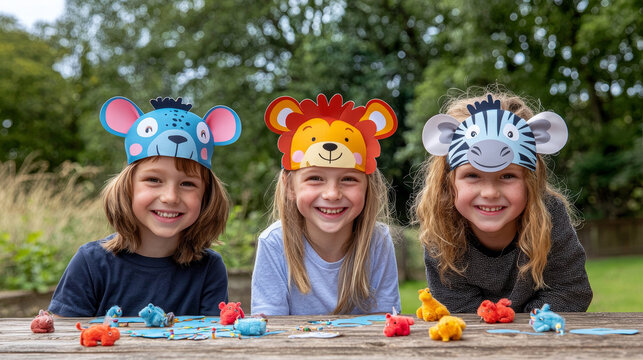 Animal themed birthday hats children smiling outdoor lion zebra mouse playful colorful party nature background happy fun creative celebration summer friendship