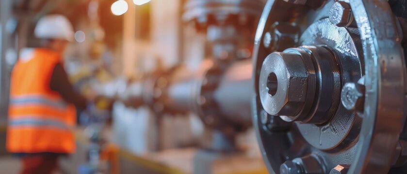 Closeup of mechanical part in factory setting.
