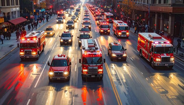 Emergency Responders Rush Through City Streets at Night.