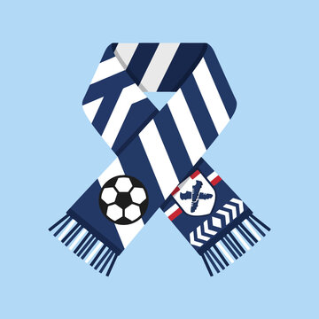 A blue and white striped soccer scarf on a light background
