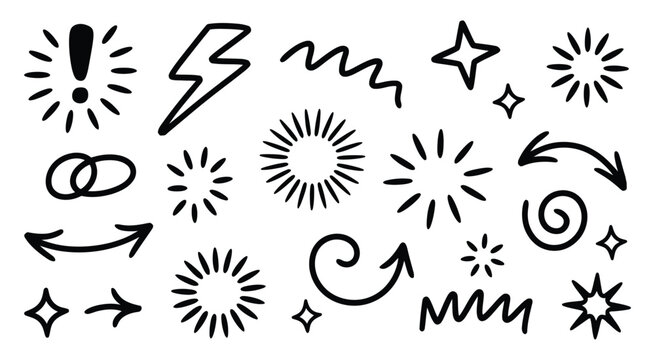 Crayon drawn attention symbols and doodle emphasis marks collection, hand drawn sparkle bursts, comic rays, sketch highlight signs, manga starburst shapes, vector illustration eps 10.