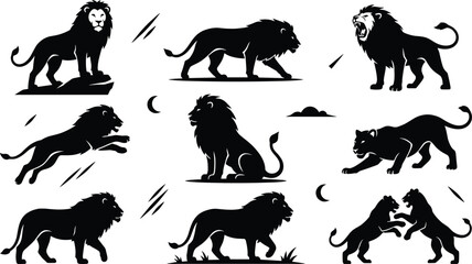 Black Lion Silhouette Vector Set with Wild African Animal Poses Roaring Jumping Prowling and Hunting for Logo Emblem Tattoos and Mascot Graphic Designs © Sultana