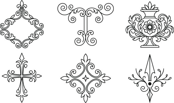 Vintage Baroque Ornamental Line Art Icon Set Featuring Luxury Decorative Flourish Elements For Retro Graphics