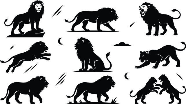 Black Lion Silhouette Vector Set with Wild African Animal Poses Roaring Jumping Prowling and Hunting for Logo Emblem Tattoos and Mascot Graphic Designs