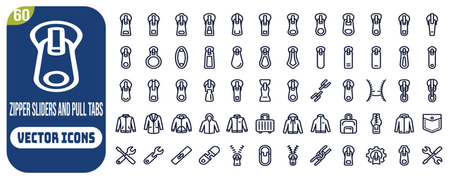 Clothing zipper sliders and pull tabs vector icon set containing linear outline and black solid silhouette styles for fashion design.