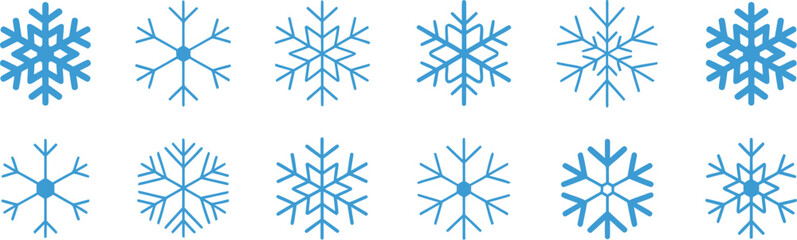 Blue snowflake, icons set, isolated on white background featuring frozen crystal shapes representing winter weather snowfall and cold season concepts. © VectorIndiaPro