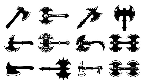 Medieval Battle Axe Silhouette Icon Set Vector Illustration Featuring Double Headed Fantasy Hatchets and Barbarian Executioner Weapons for Game Design
