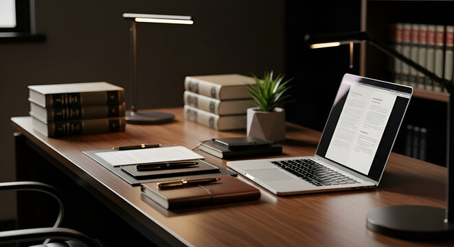 Modern office desk with laptop and books, business concept