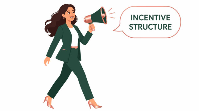 Businesswoman holding megaphone for incentive structure announcement.