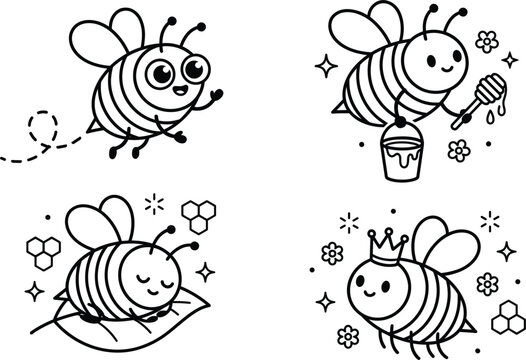 Cute Honey Bee Cartoon Character Set Vector Illustration for Coloring Book Designs