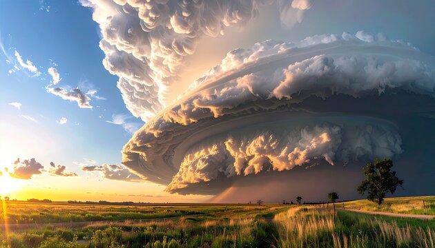 Dramatic Supercell Thunderstorm Cloud Formation Over Rural Landscape at Sunset.