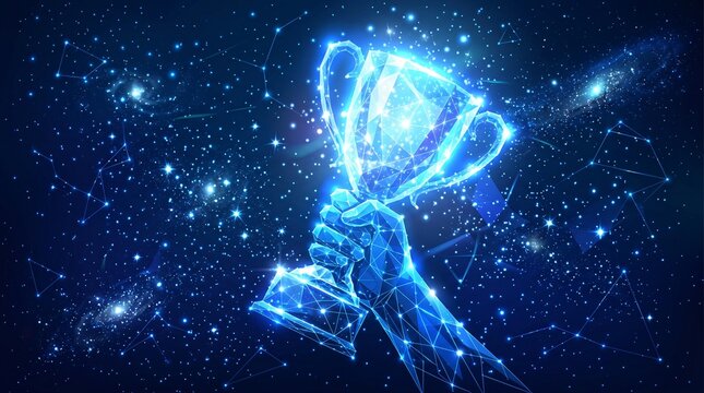 Digital trophy award conceptual art featuring glowing nodes achievement technology abstract competition business internet champion innovation performance connection information