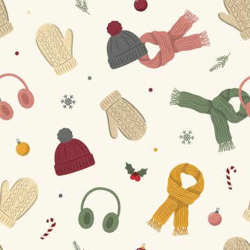 A seamless winter pattern featuring colorful knitted mittens, warm scarves, winter hats, earmuffs, snowflakes, and holly berries on a light background