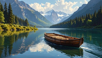 Obraz premium Serene Wooden Boat Gliding on a Calm Mountain Lake Amidst Majestic Peaks.