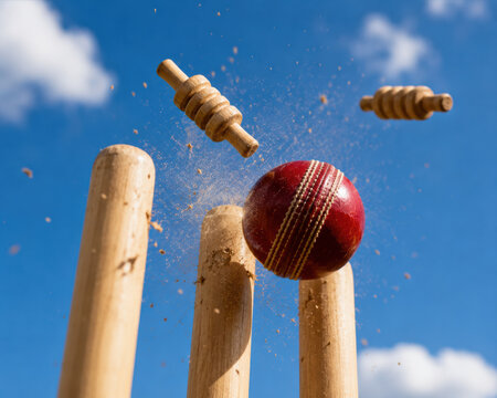Red cricket ball hitting wooden stumps and bails in a professional game match