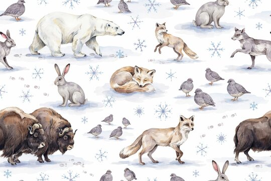 A seamless winter pattern featuring watercolor of arctic wildlife including polar bears, foxes, hares, musk oxen, and small birds