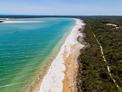 Aerial view of Lake Clifton Thrombolites showing the unique microbial structures along the shoreline, turquoise water, and surrounding native forest in Lake Clifton, Western Australia, Australia.